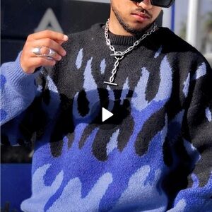 Zaful Men's Sweater in Black and Blue Flames - Small like new!